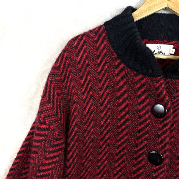 Vtg 80's Saito Small Chevron Large Button Wool Sweater Boom Boom Shoulder Pads - Picture 6 of 16